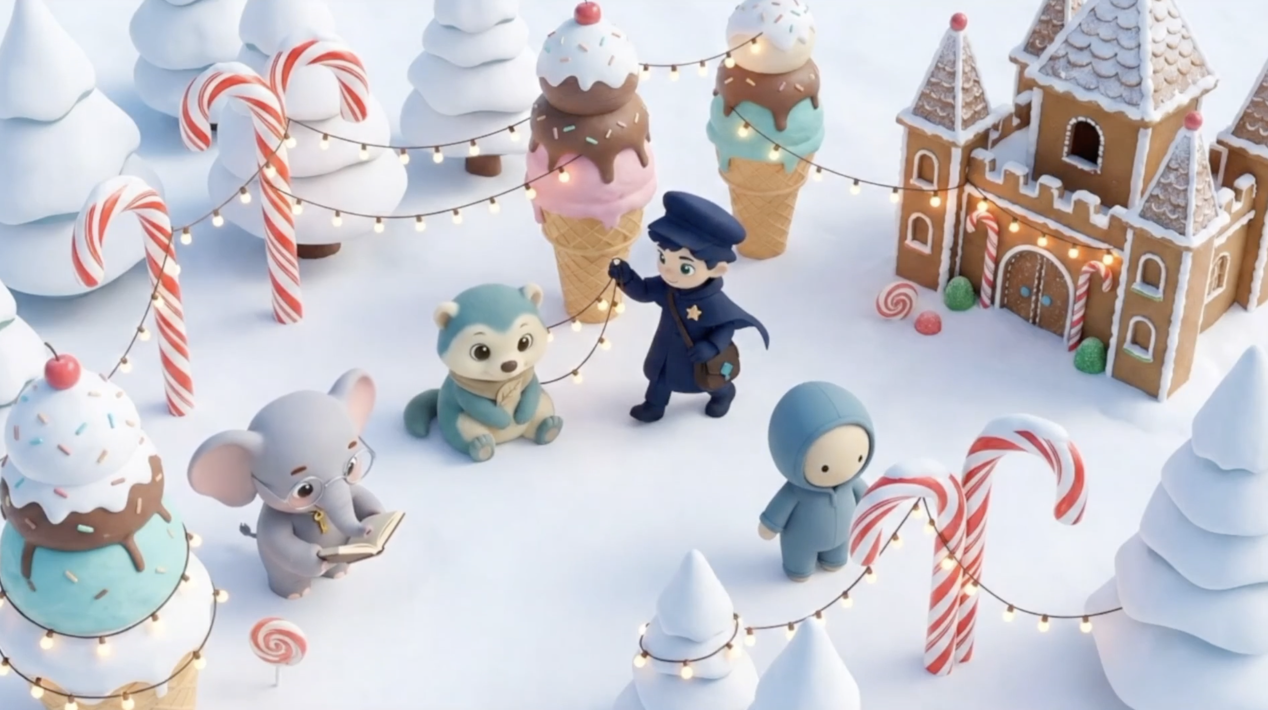 Four Metlivi companions arrange warm string lights among candy-cane trees and gingerbread buildings in a bright snowy seasonal landscape.