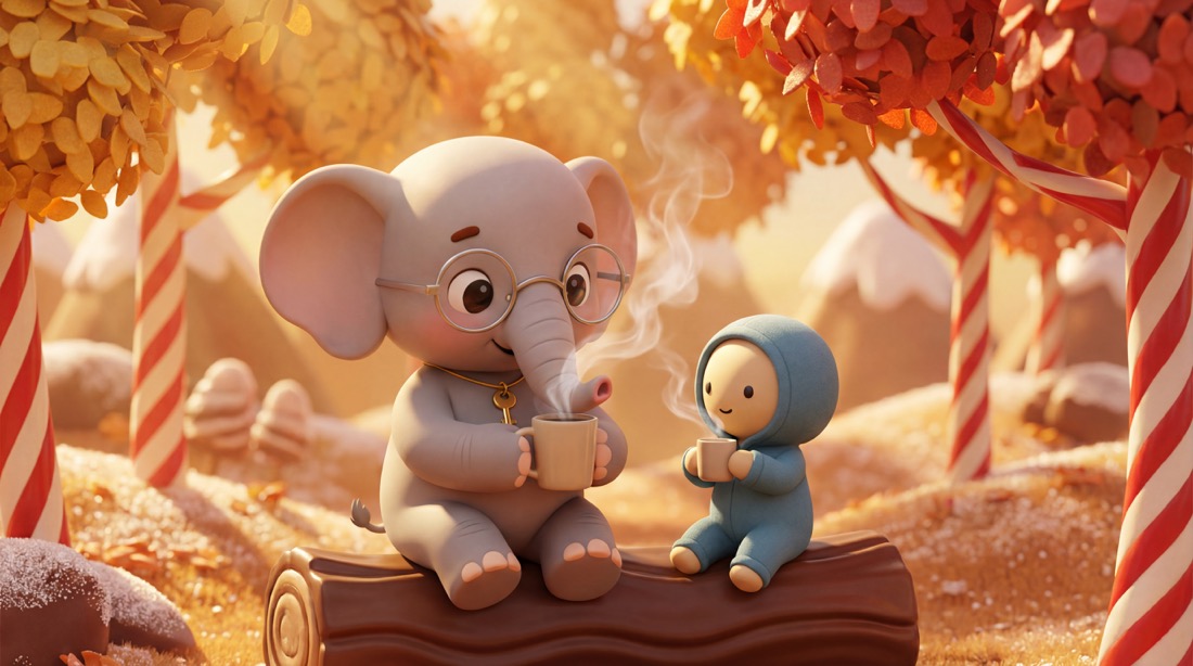 Two small friends hold warm cups beneath amber leaves, offering a concrete visual reference for steam, dry wood and autumn foliage.