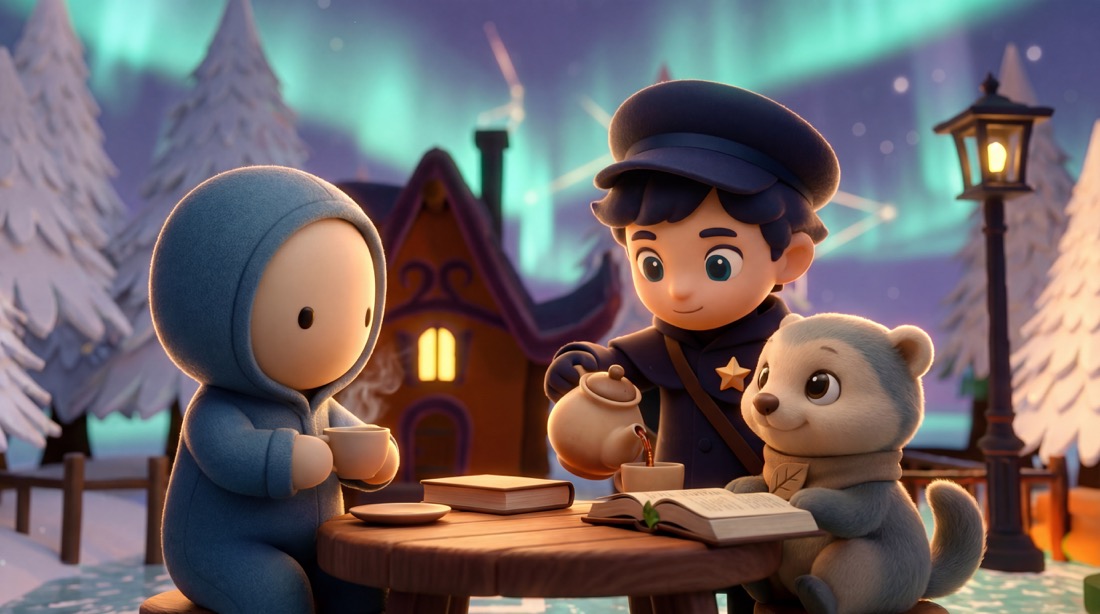 Metlivi companions with tea and books in a quiet snowland scene about healthy AI companion boundaries.