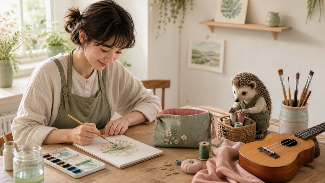 A young person paints a watercolor flower at a bright wooden table with brushes, thread and fabric while a small hedgehog sorts craft materials.
