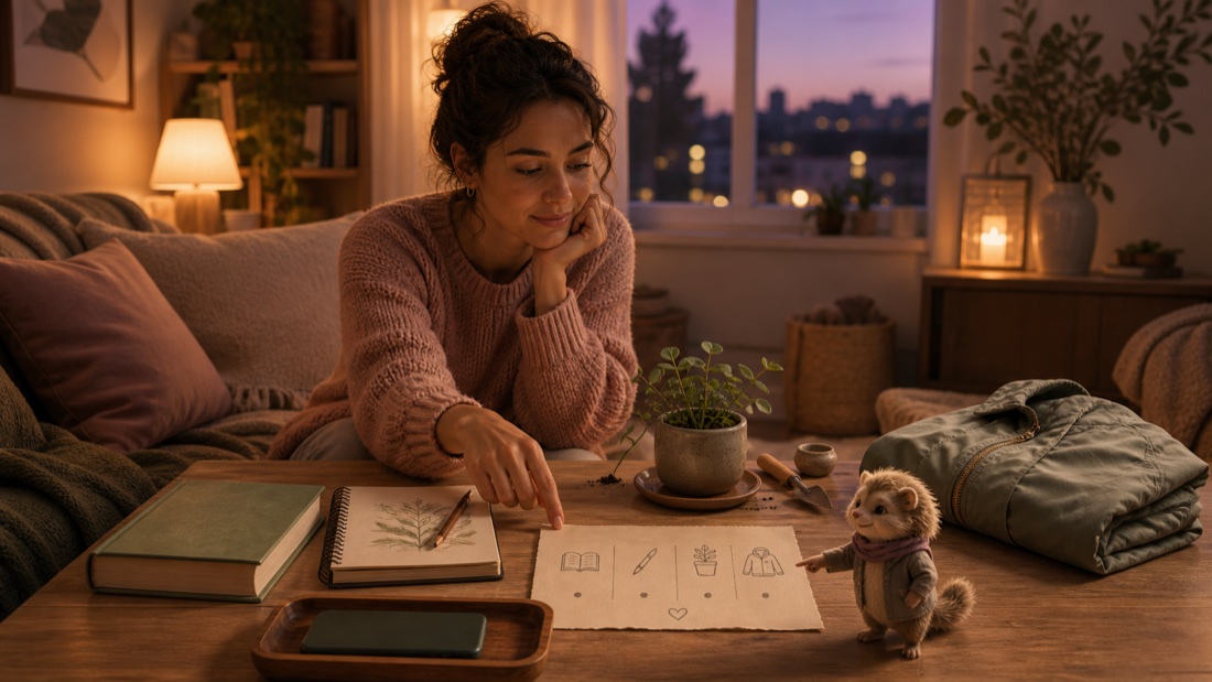 A woman at a warm evening table chooses among a book, sketchbook, small plant task and walking jacket while her phone rests face-down in a wooden tray.