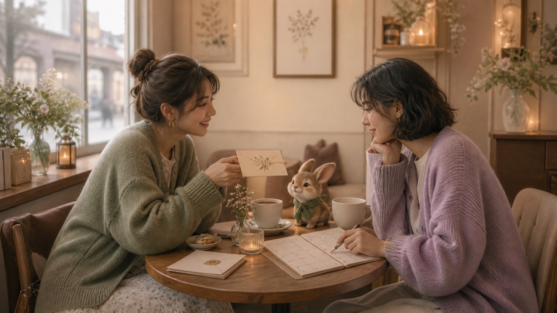 Two housemates sit at a table and compare a small botanical card before making a shared-home choice.