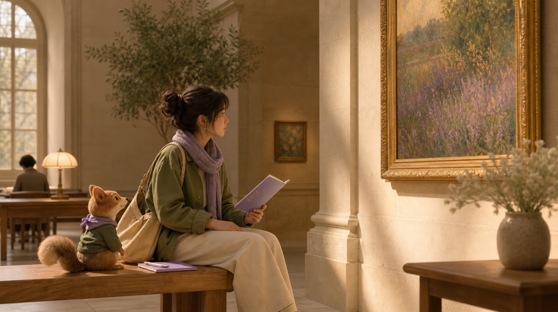 A museum visitor sits on a wooden bench with an exhibition guide and studies one framed landscape while a small fox companion looks toward the artwork.