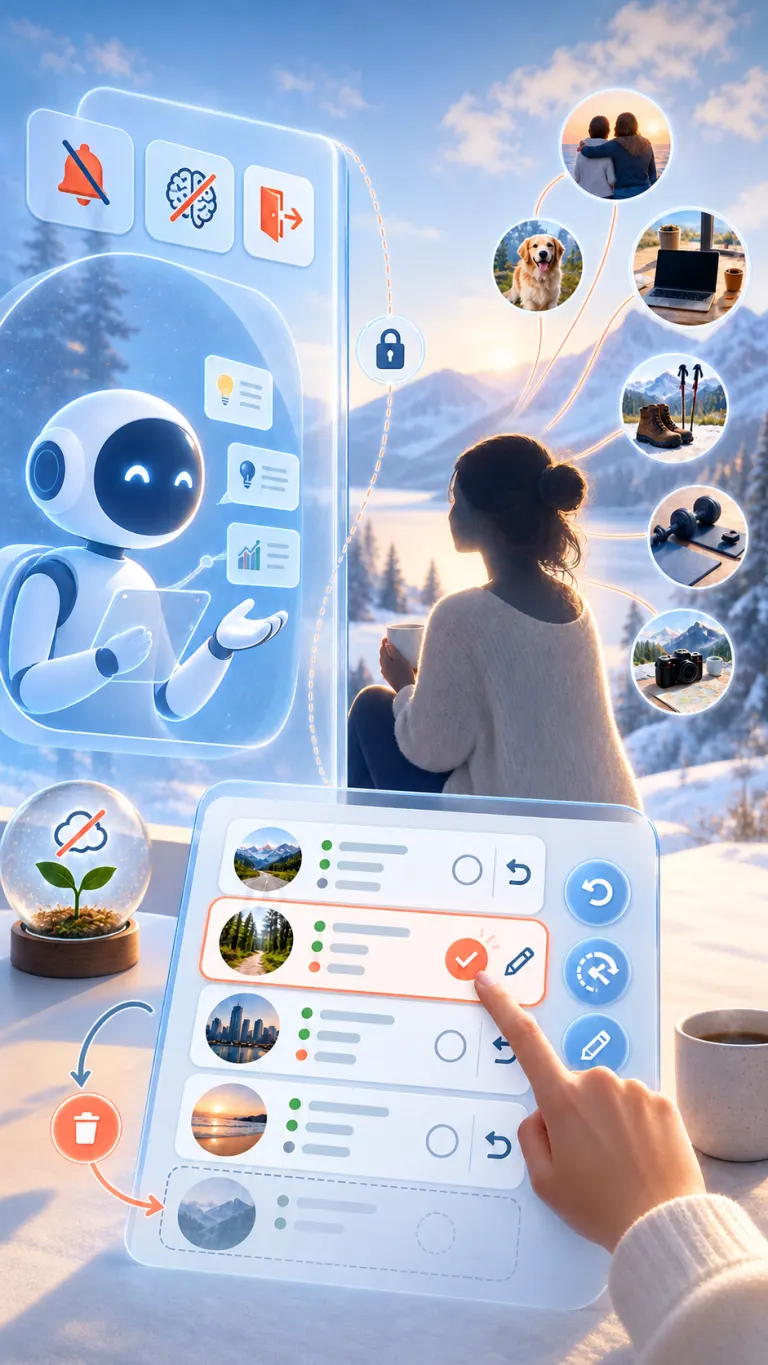 A boundary divides human and AI conversation spaces; option cards and an empty decision box leave the choice to the user.