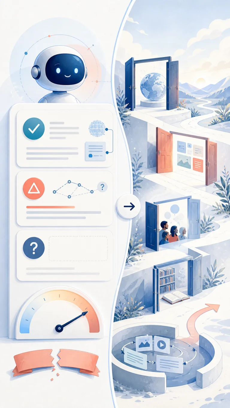 An AI feedback card shows a confidence scale beside an open window to outside sources, with return and exit controls visible.