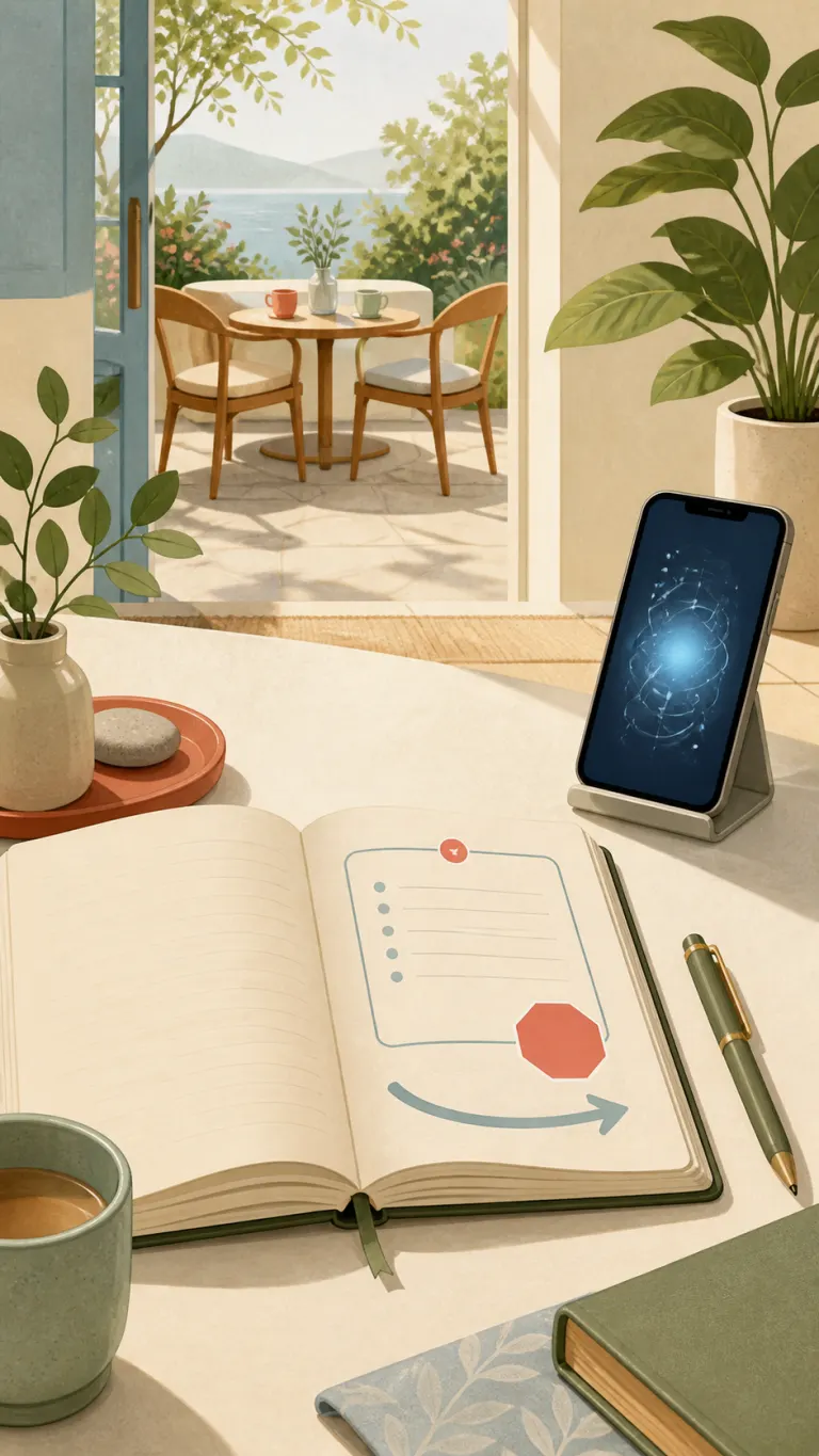 A bounded reflection notebook and closed AI phone sit near an open doorway leading to a table set for two.