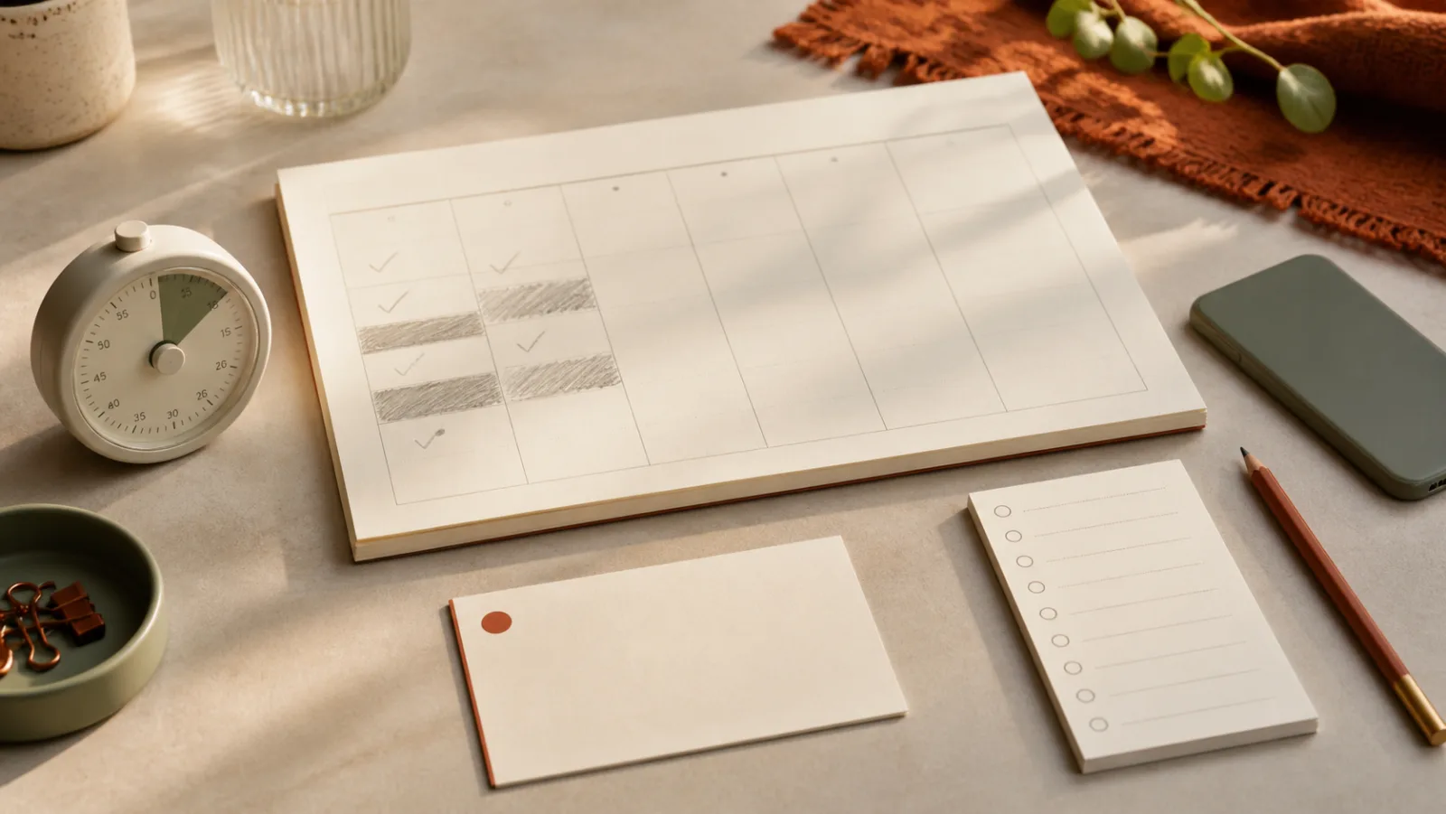 Warm desk with a blank weekly calendar, analog timer, task card, checklist, pencil, and face-down phone