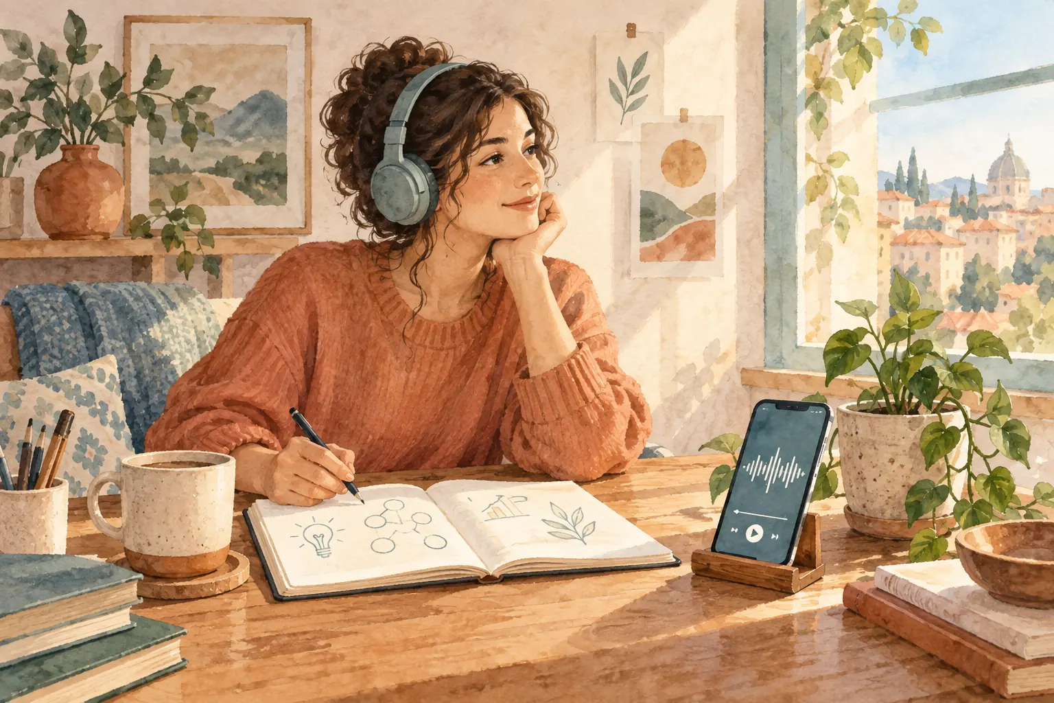 एक वयस्क ऑडियो शो सुनता है और खिड़की के पास प्रोजेक्ट नोट्स लिखता है।