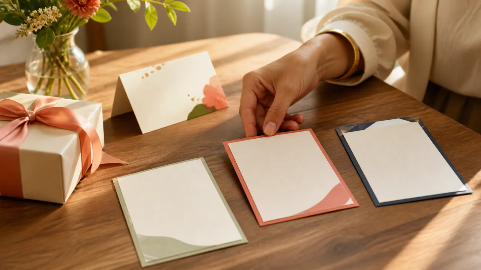 A hand sorts blank invitation cards beside a ribboned gift and celebration card on a warm sunlit table.