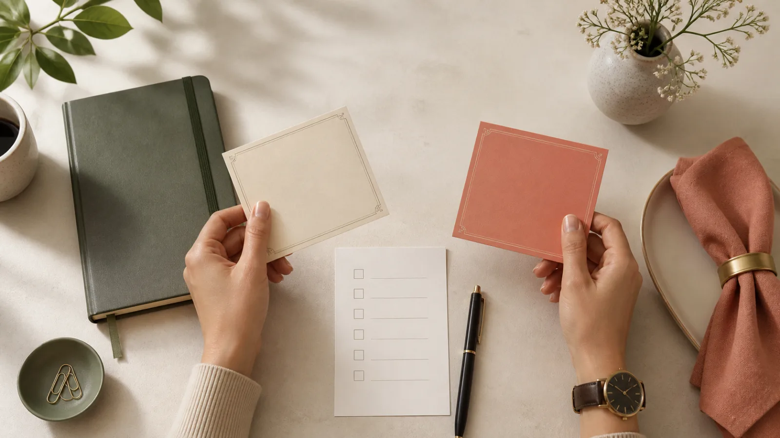 Hands compare two blank invitation cards beside a notebook, dinner setting, checklist, pen and wristwatch.