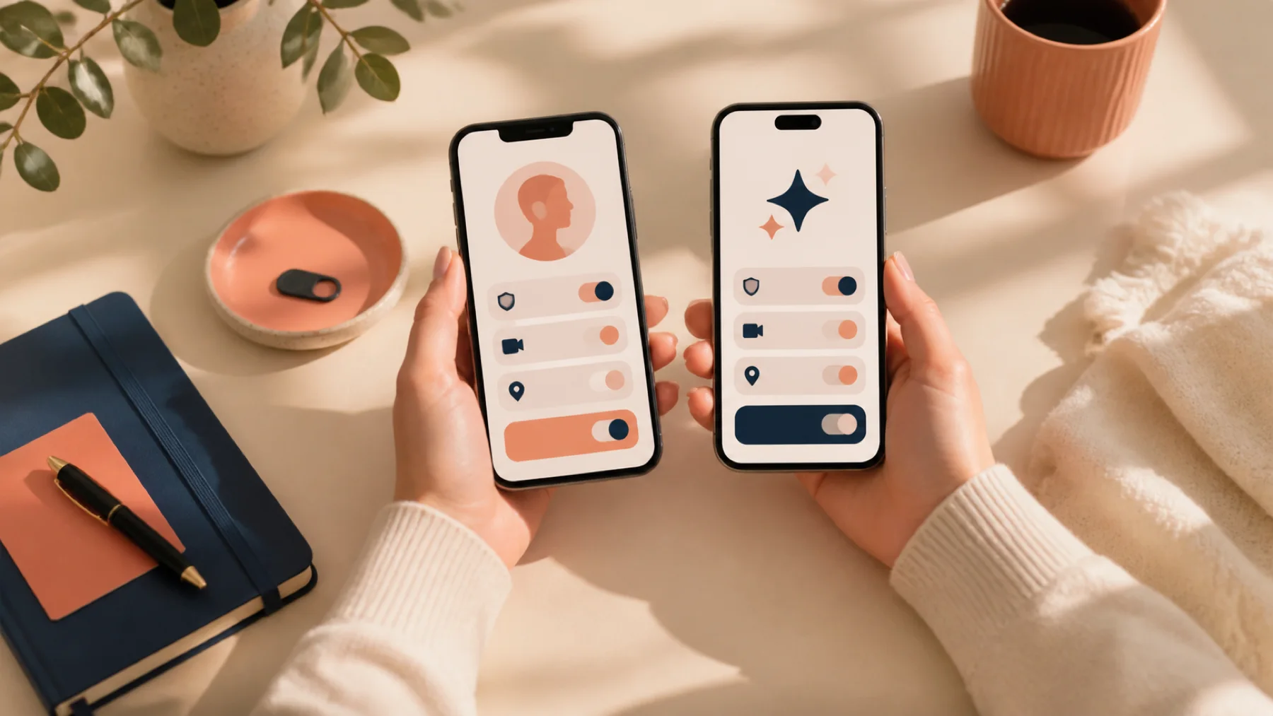 Hands compare blank privacy controls on two phones, one with a human profile symbol and one with an AI sparkle.