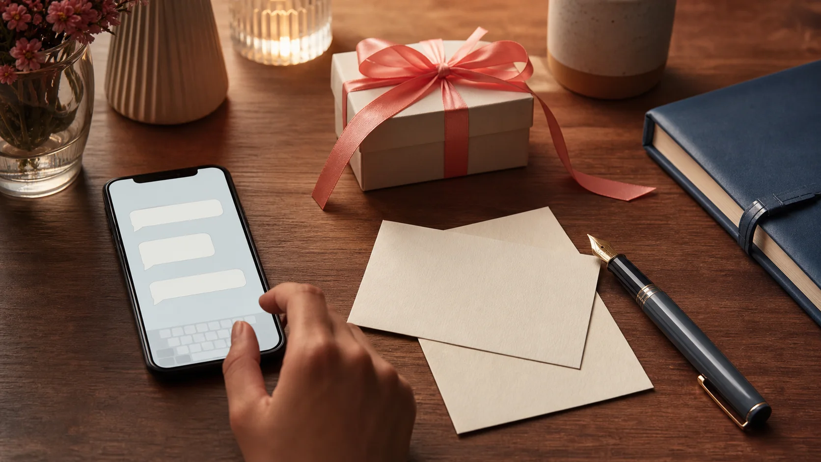 An adult chooses between a phone with blank chat bubbles and two blank stationery cards beside a coral-ribbon gift, fountain pen and blue address book.