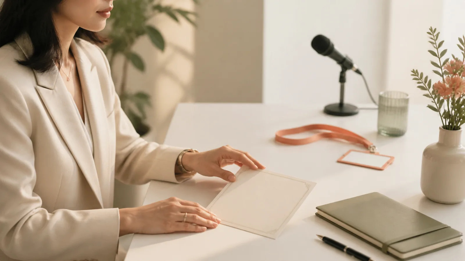A professional reviews a blank formal invitation beside a microphone, event lanyard, closed notebook and pen.