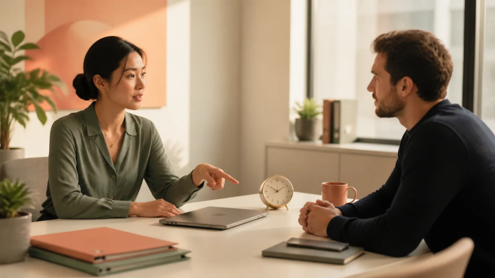 Two colleagues discuss a closed laptop and small clock across a tidy desk in warm late-afternoon light.