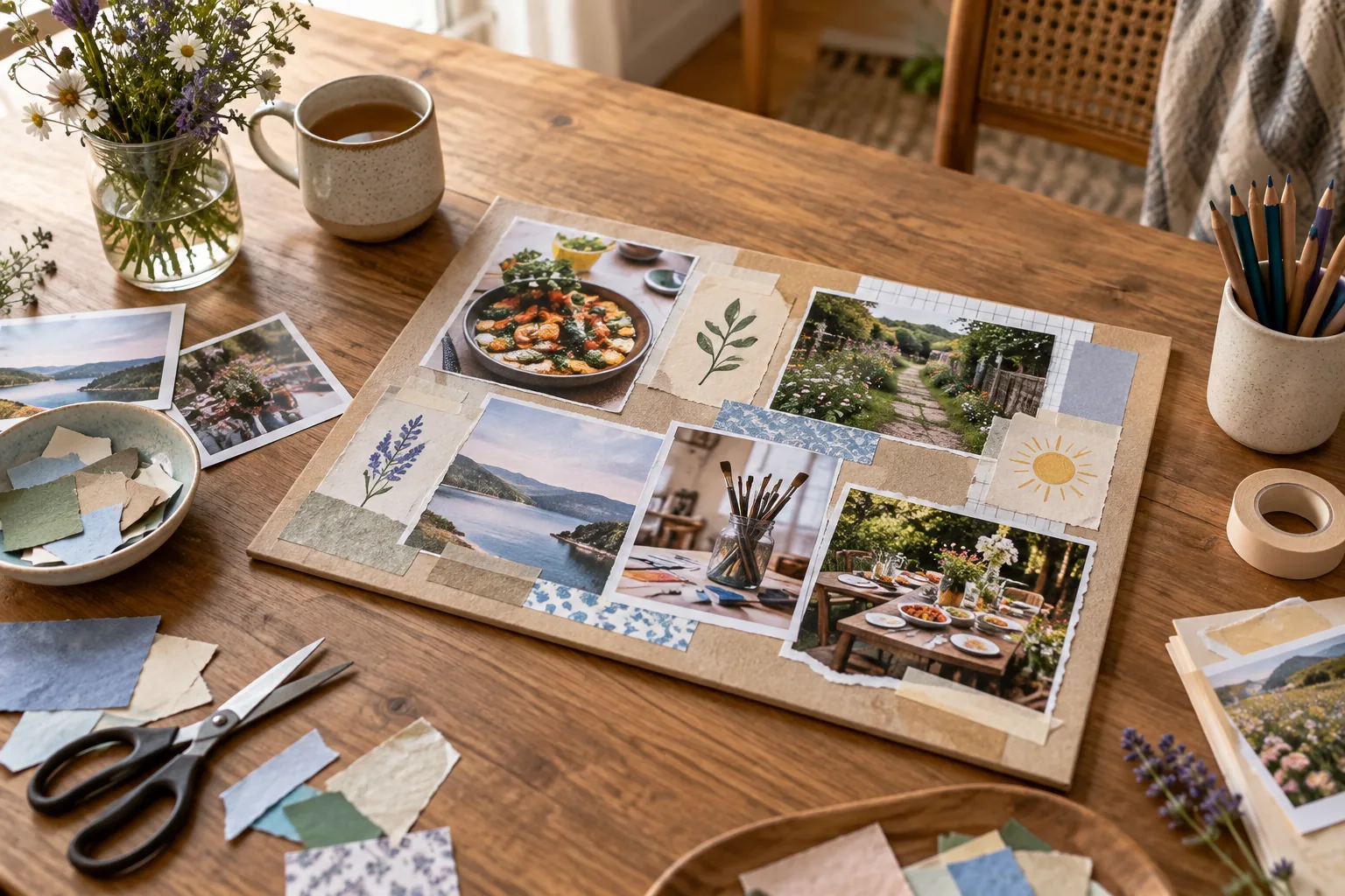 Bir yemek, bahçe yolu, sanat malzemeleri ve bir dış mekan masasını gösteren fotoğraflardan oluşan el yapımı bir pano; kağıt ve kurşun kalemlerle birlikte ahşap bir masanın üzerinde duruyor.