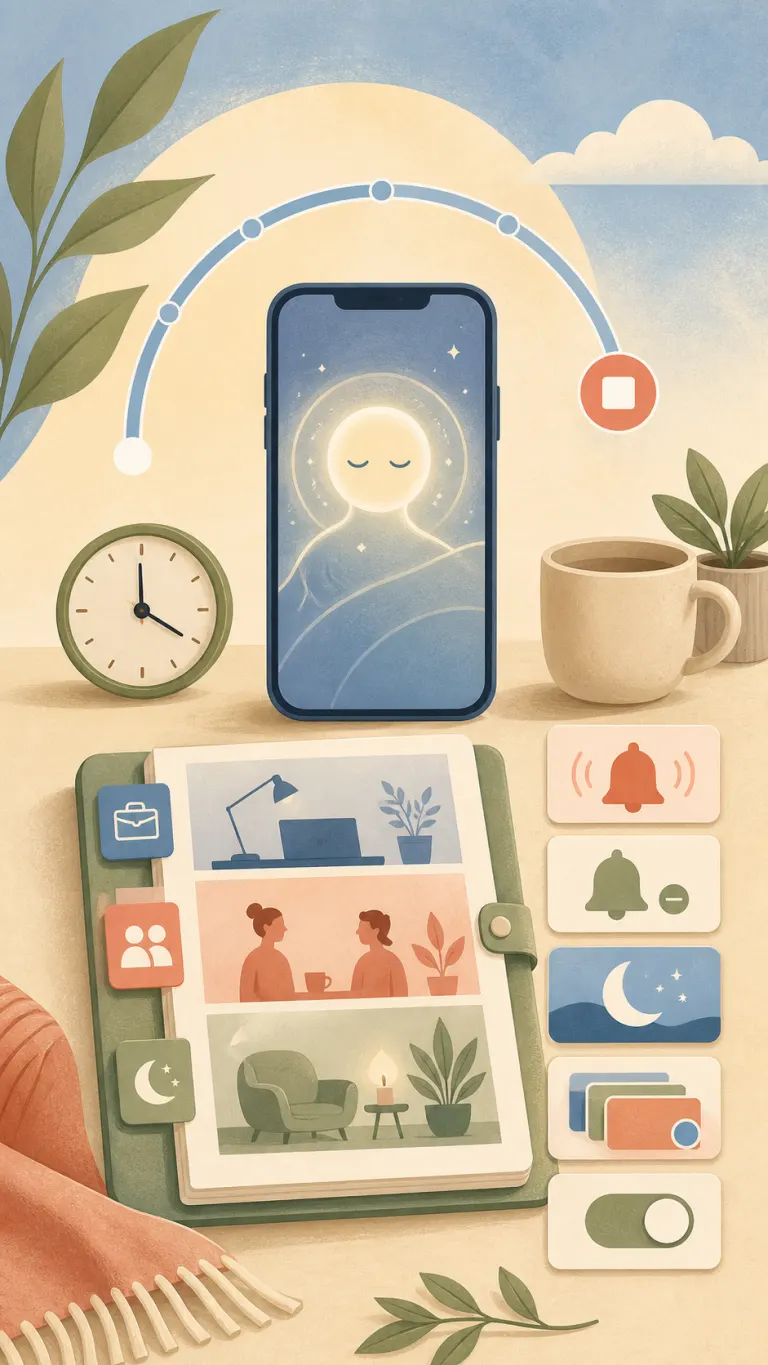 A phone beside a clock and planner shows a finite session arc, a clear stop, and notification controls.