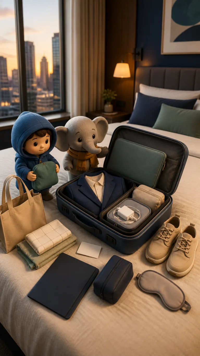 子ゾウと青いフードの仲間が、ホテルの部屋で上着、パソコンケース、充電ポーチ、靴を整理している。