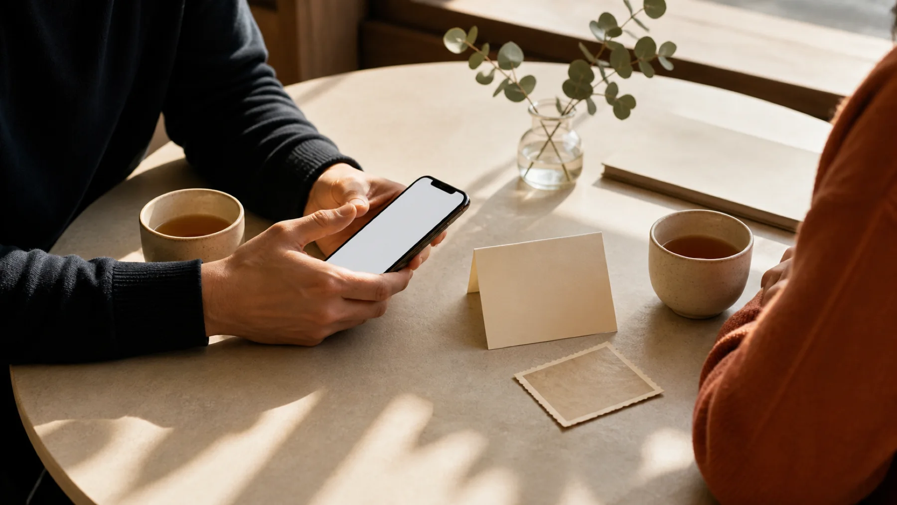 Two adults reconnect over tea with a blank phone screen, an unsigned note card and an old photo turned face-down.
