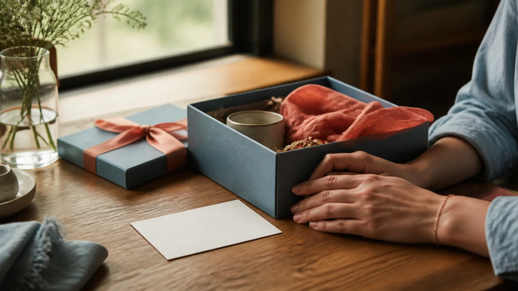 An adult pauses with hands beside an open muted-blue gift box, coral wrapping, a ceramic cup and a blank card on a sunlit wooden table.