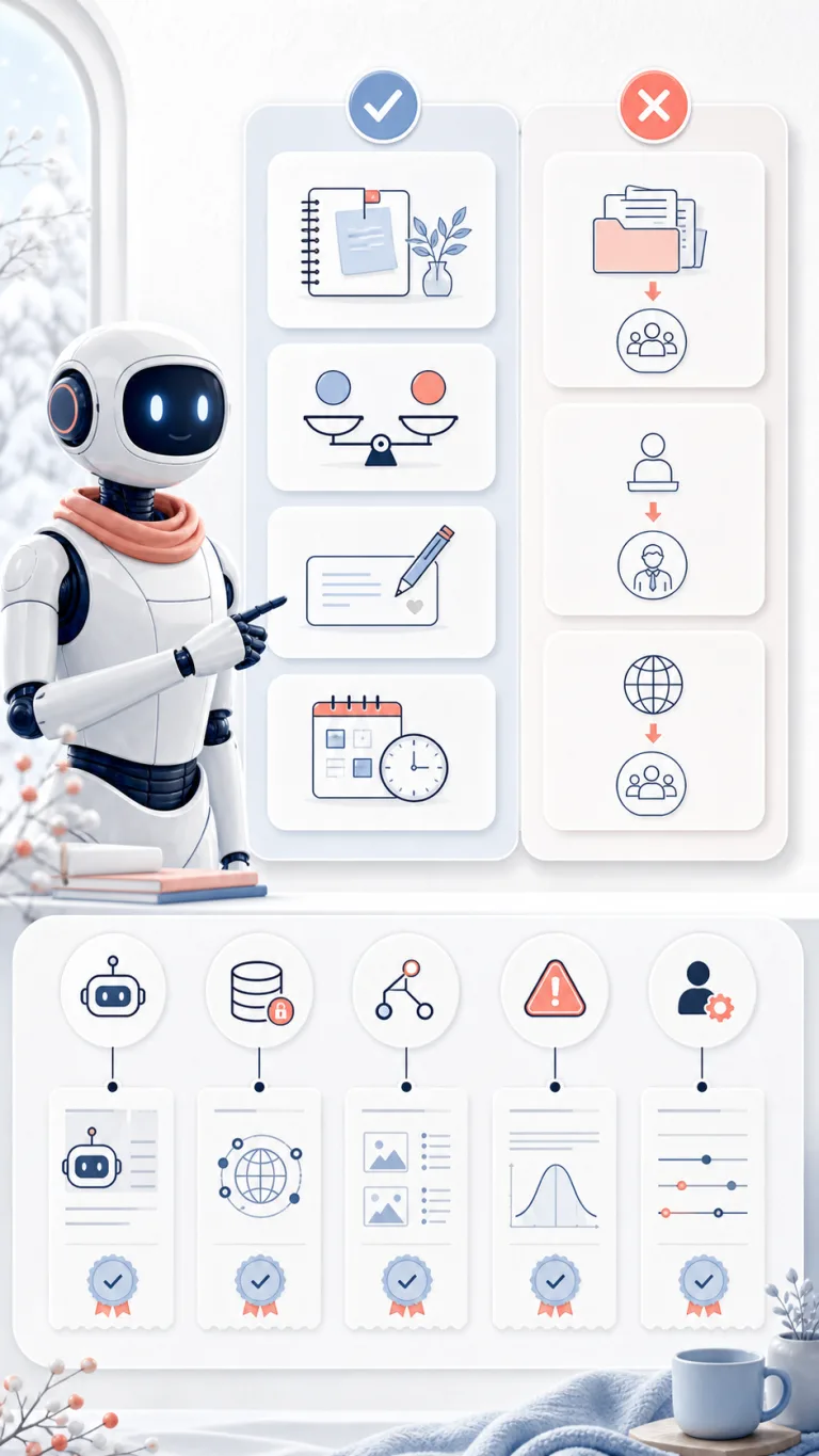 AI tasks split into reversible and handoff paths beside a panel for identity, scope, sources, controls, and update dates.