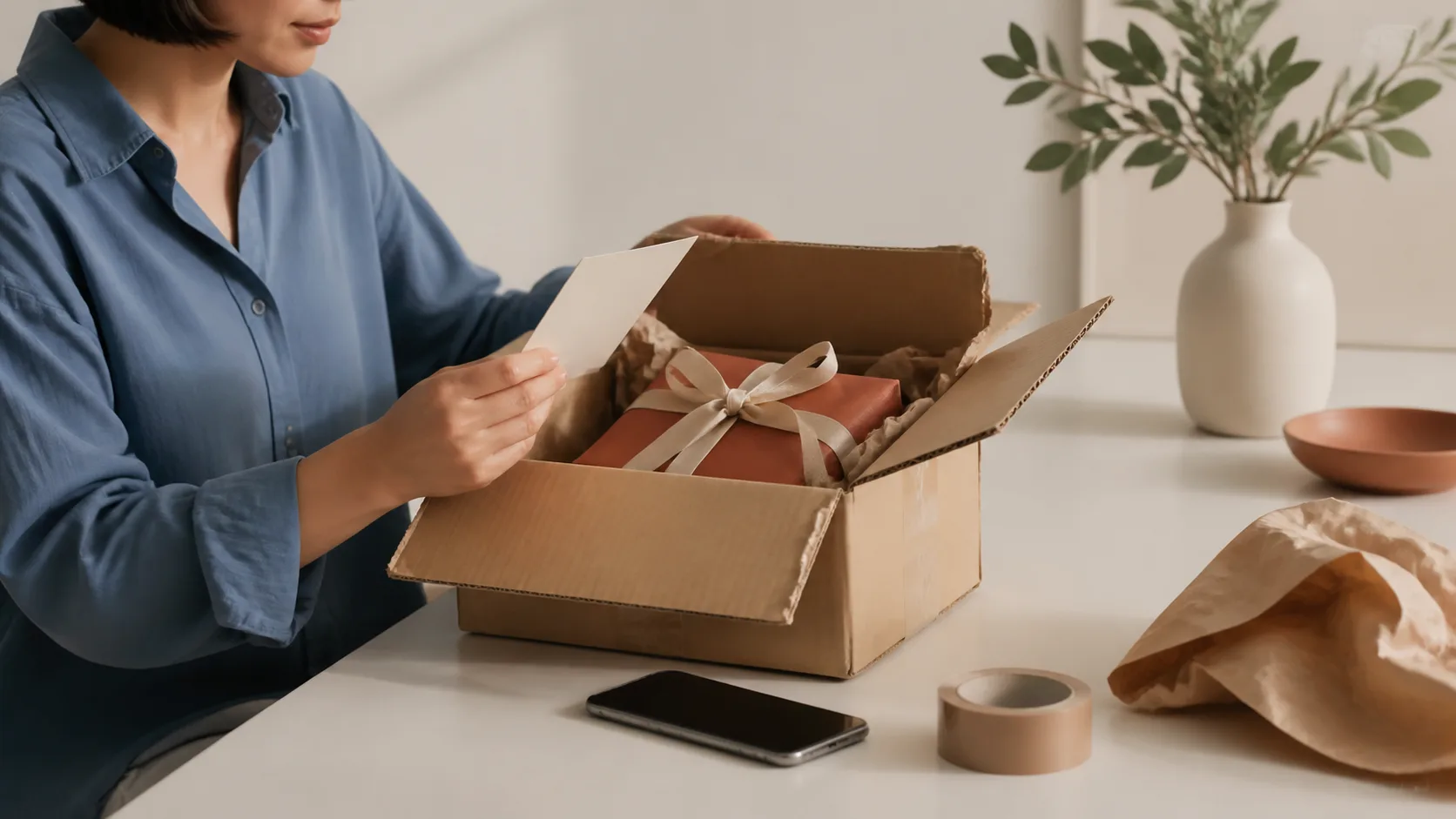 An opened parcel with a wrapped object, blank note and magnifying glass suggests a damaged, unclear or anonymous gift.