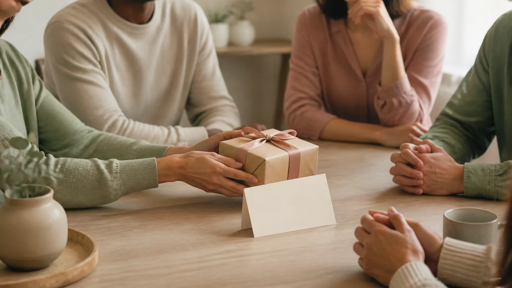 Several people exchange a small ribboned gift across a warm table, illustrating thanks across different social distances.