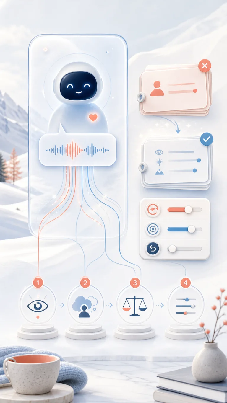 An AI device links humanlike cues to a branching judgment path beside label cards that can be checked and removed.