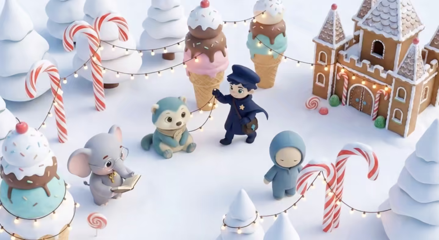 Ein uniformierter Reisender hängt mit einem kleinen Bären Lichter auf, während ein Elefant liest und ein blau gekleideter Begleiter durch ein süßes Schneedorf geht.