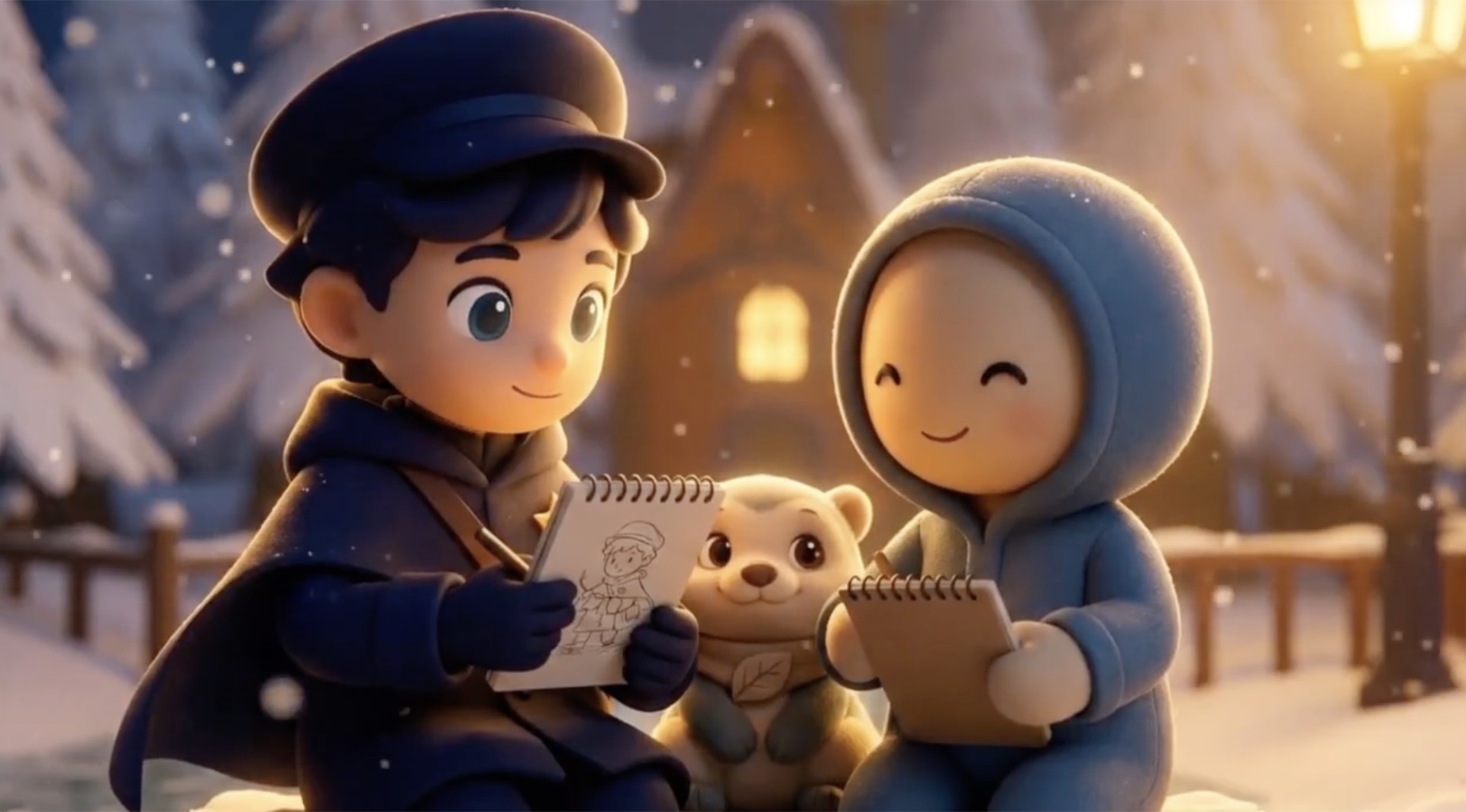 Two bundled friends compare sketchbook drawings beside a small otter companion in a warmly lit snowy village.